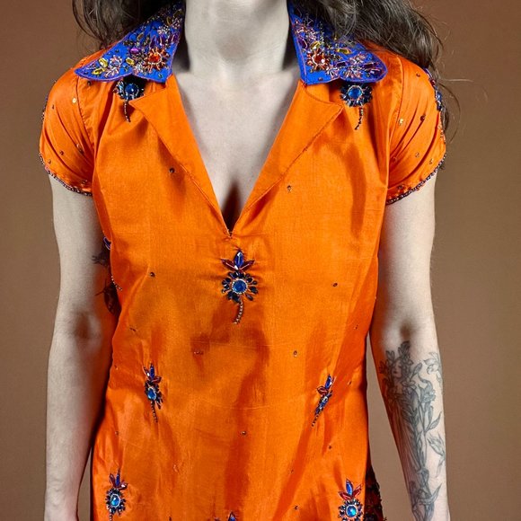 Bright Orange and Blue Short Sleeve Beaded Bedazzled Collared Tunic Dress - Picture 3 of 6